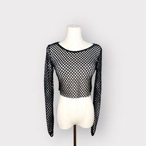 Y2k SAY WHAT? Black Fishnet Mesh Black Long sleeve Top (Sz S)